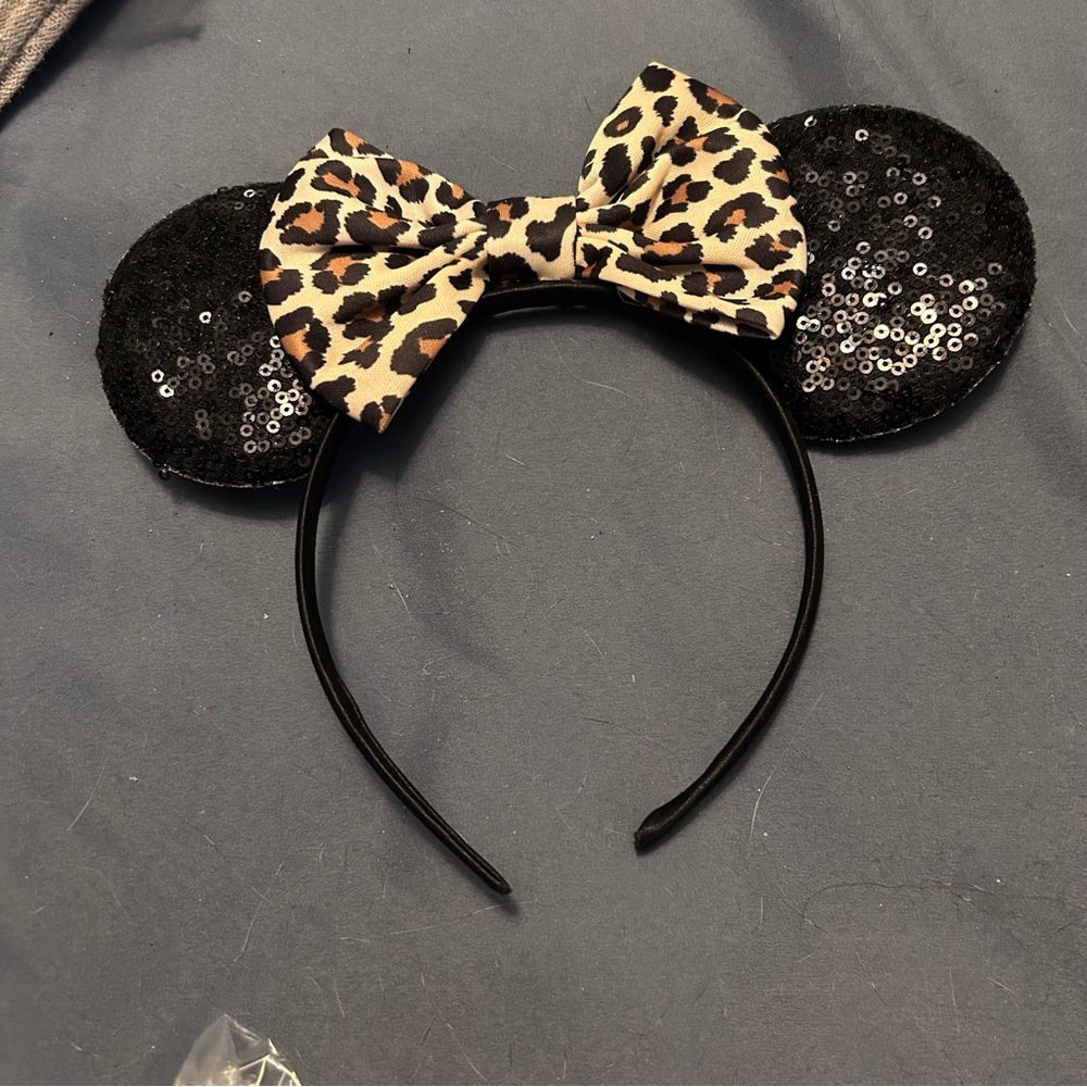 Disney Black Sequin Minnie Ears Headband with Leopard Bow